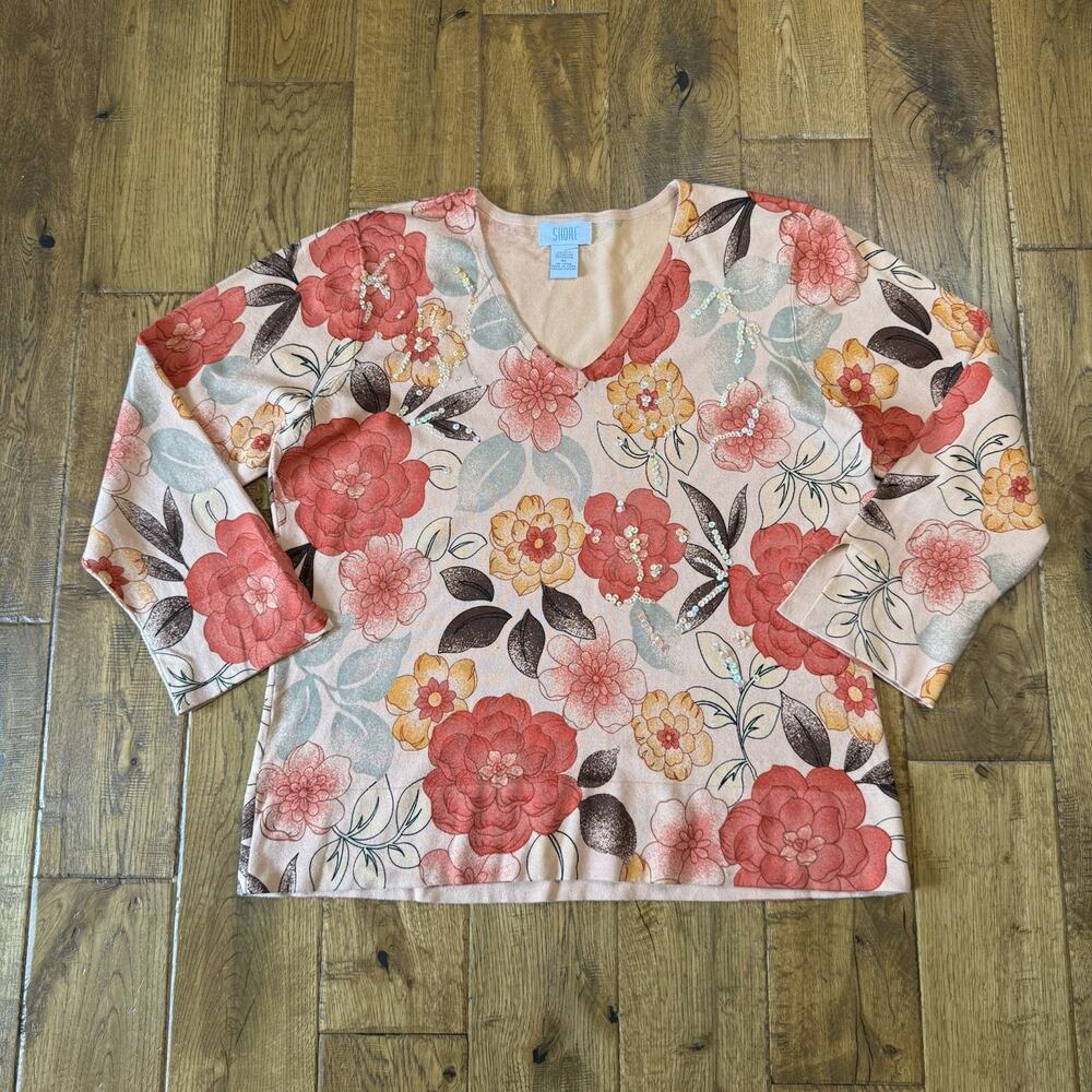 Shore Coral Peach Floral Silk Blend V-Neck Sweater Womens Sz XL Sequens - Picture 5 of 5